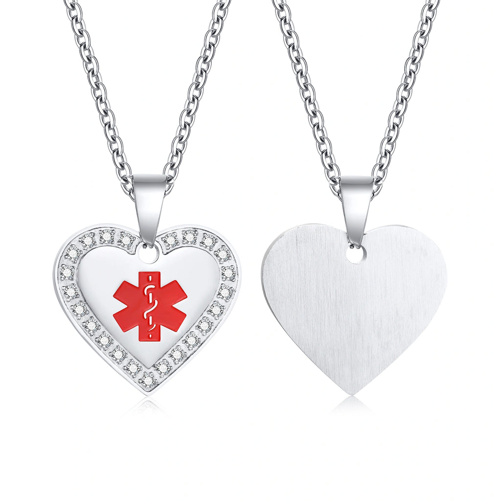 Custom Engraved Stainless Steel Cubic Zirconia Heart Medical Alert Necklace