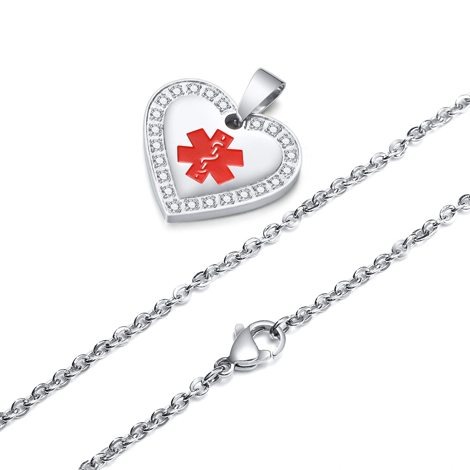 Custom Engraved Stainless Steel Cubic Zirconia Heart Medical Alert Necklace