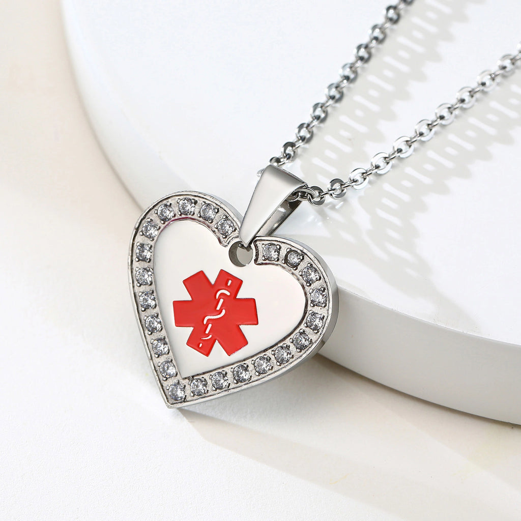 Custom Engraved Stainless Steel Cubic Zirconia Heart Medical Alert Necklace