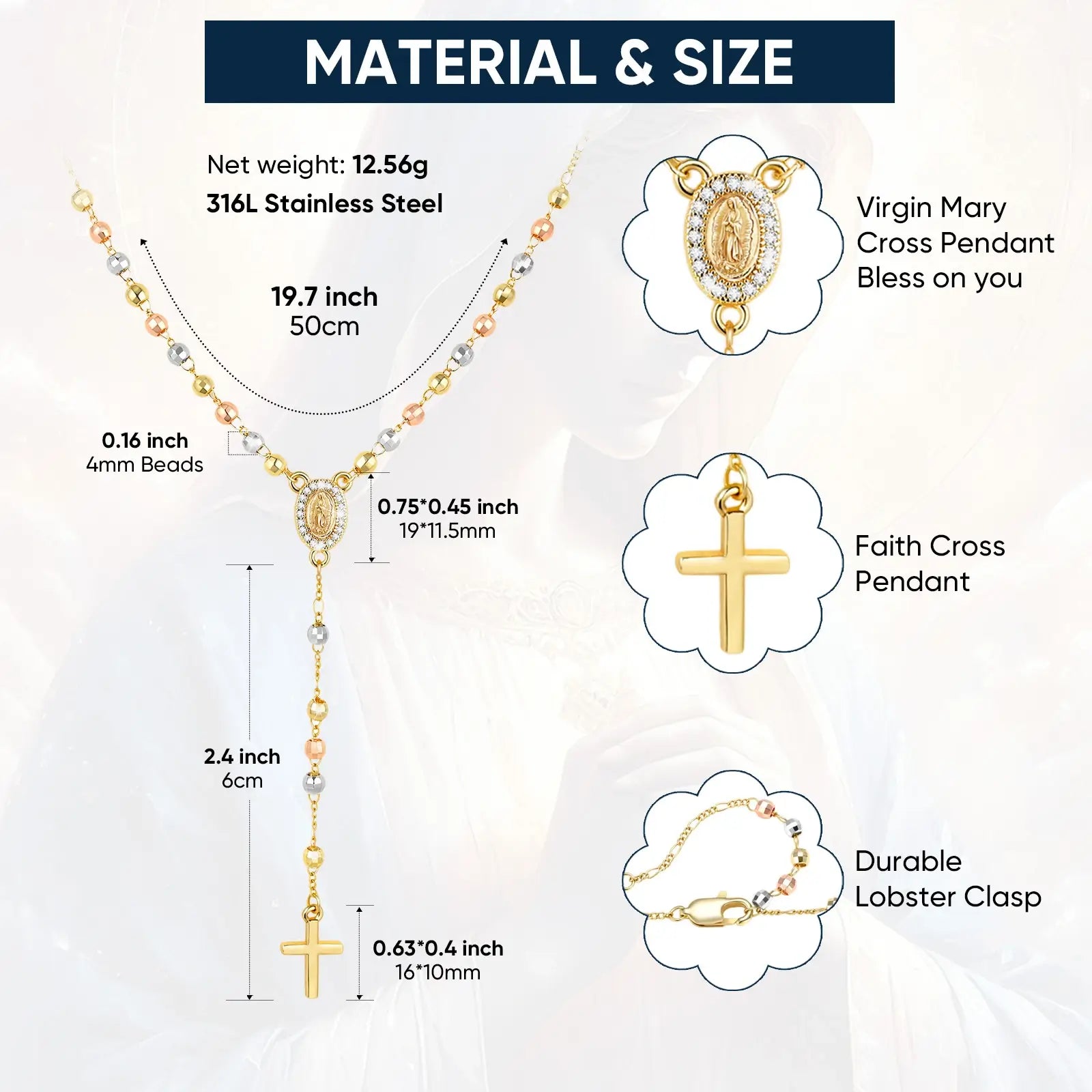 Virgin Mary Rosary Necklace with Crucifix Cross