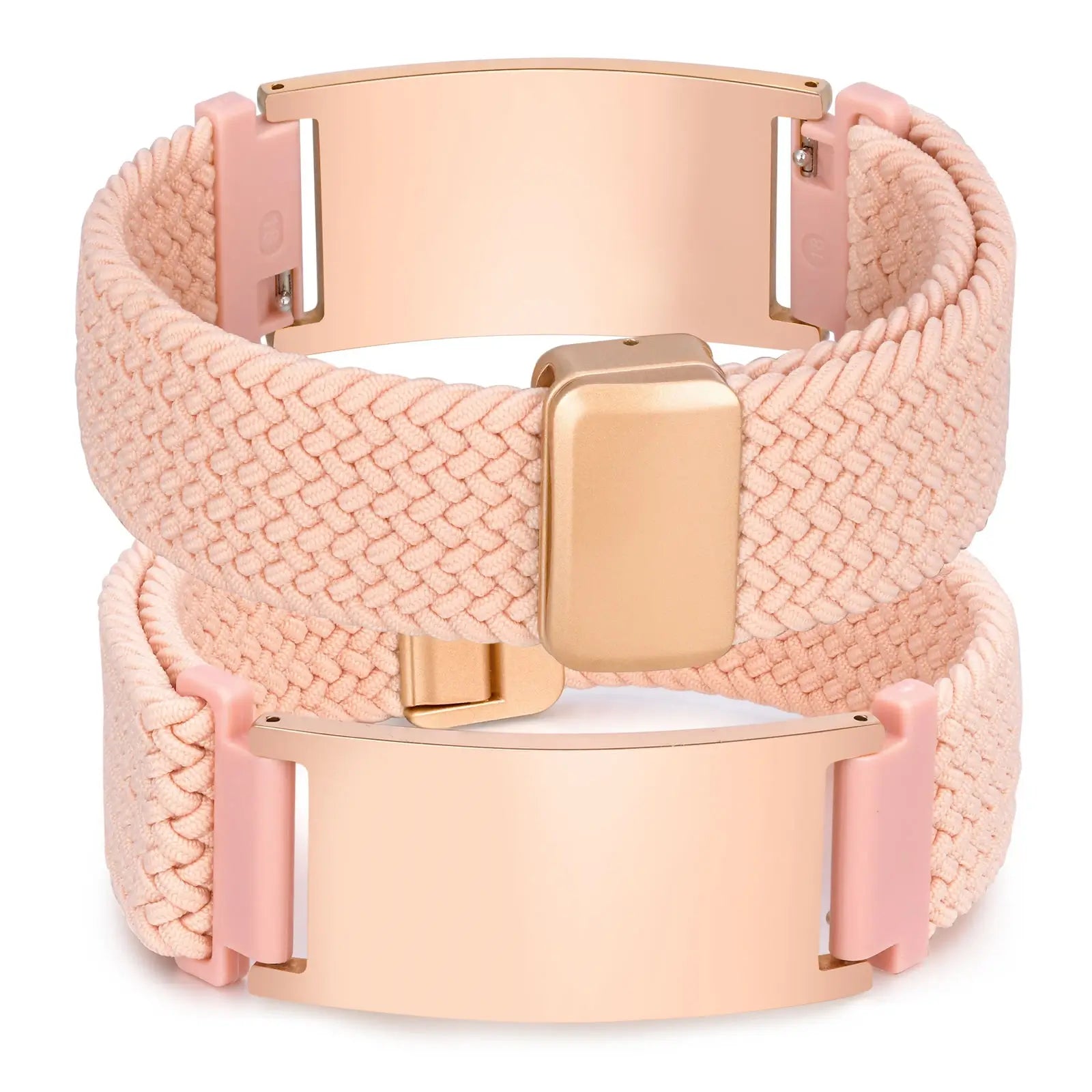 Pink medical ID bracelet with pink braided nylon band, stainless steel engraving plate, and adjustable closure.