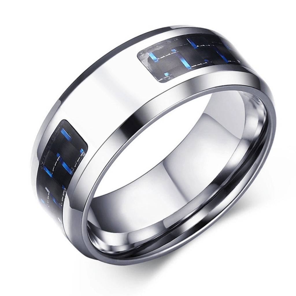 Personalized Polished Steel & Carbon Fiber Men's Flat Ring