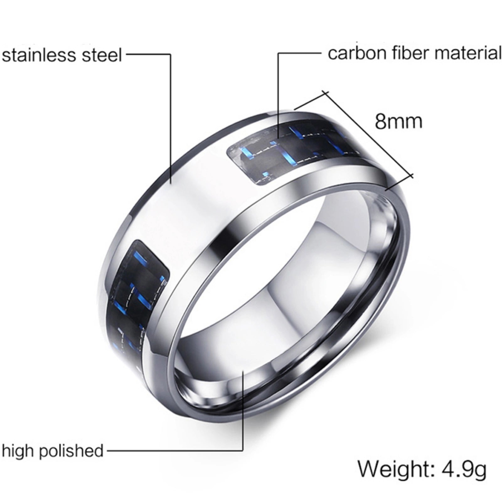 Personalized Polished Steel & Carbon Fiber Men's Flat Ring