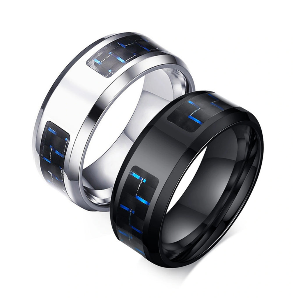 Personalized Polished Steel & Carbon Fiber Men's Flat Ring