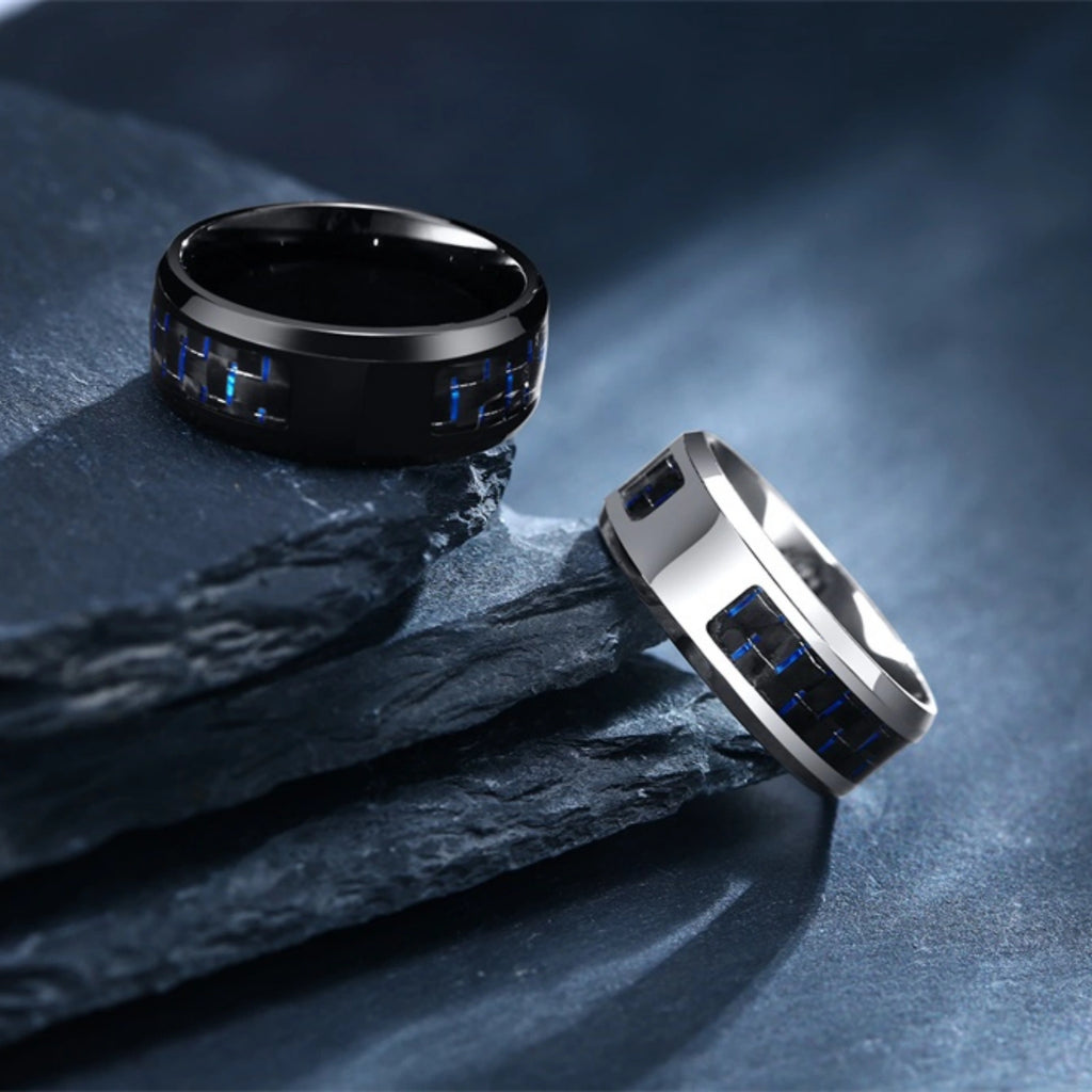 Personalized Polished Steel & Carbon Fiber Men's Flat Ring