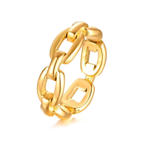 Gold chain-style ring on a white background