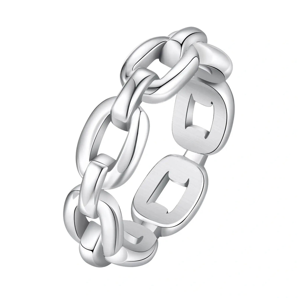 Silver chain-style ring on a white background