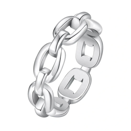 Silver chain-style ring on a white background