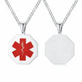 Silver stainless steel octagonal medical ID pendant shown from front and back with engraving area.