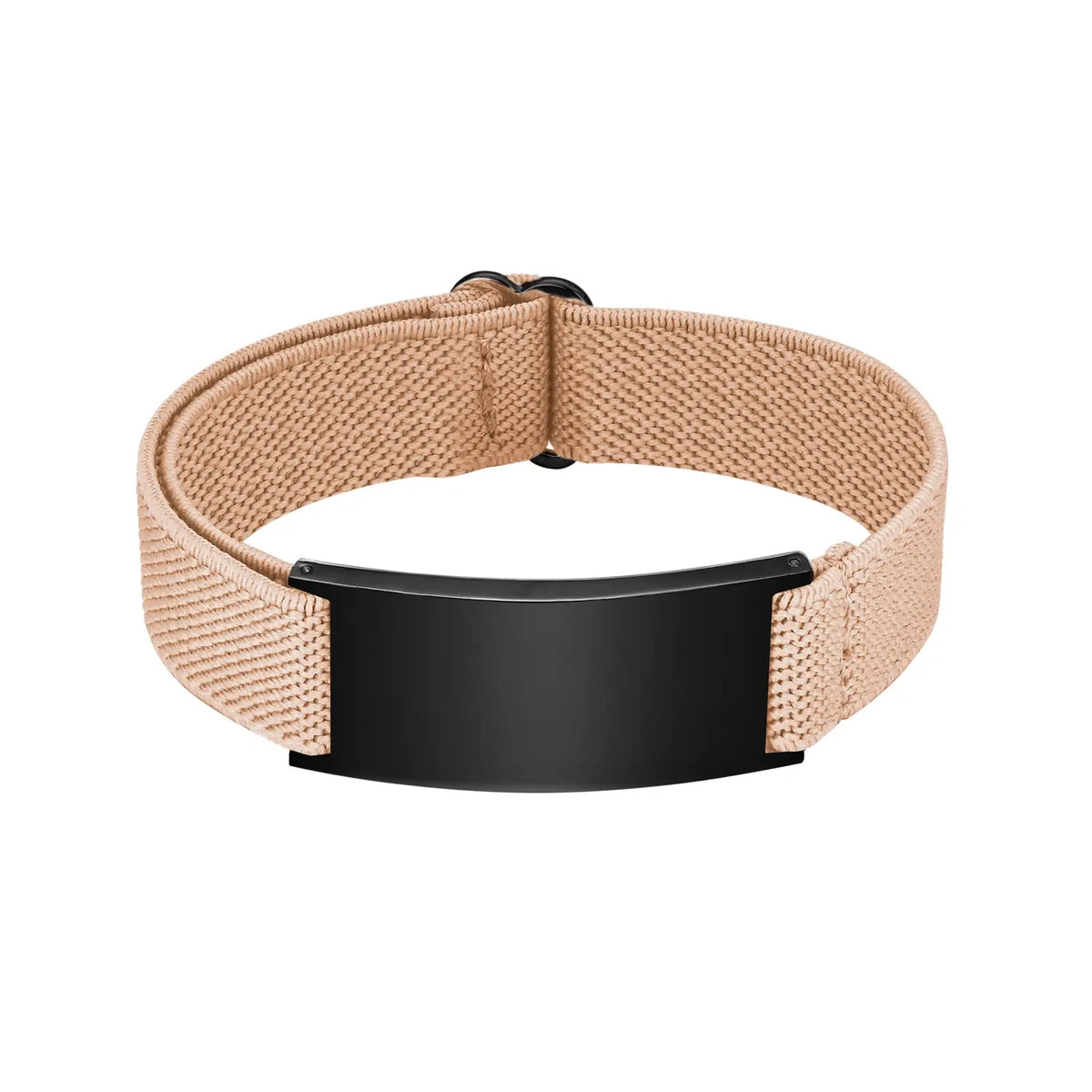Beige medical ID bracelet with adjustable elastic band and black stainless steel engraving plate.