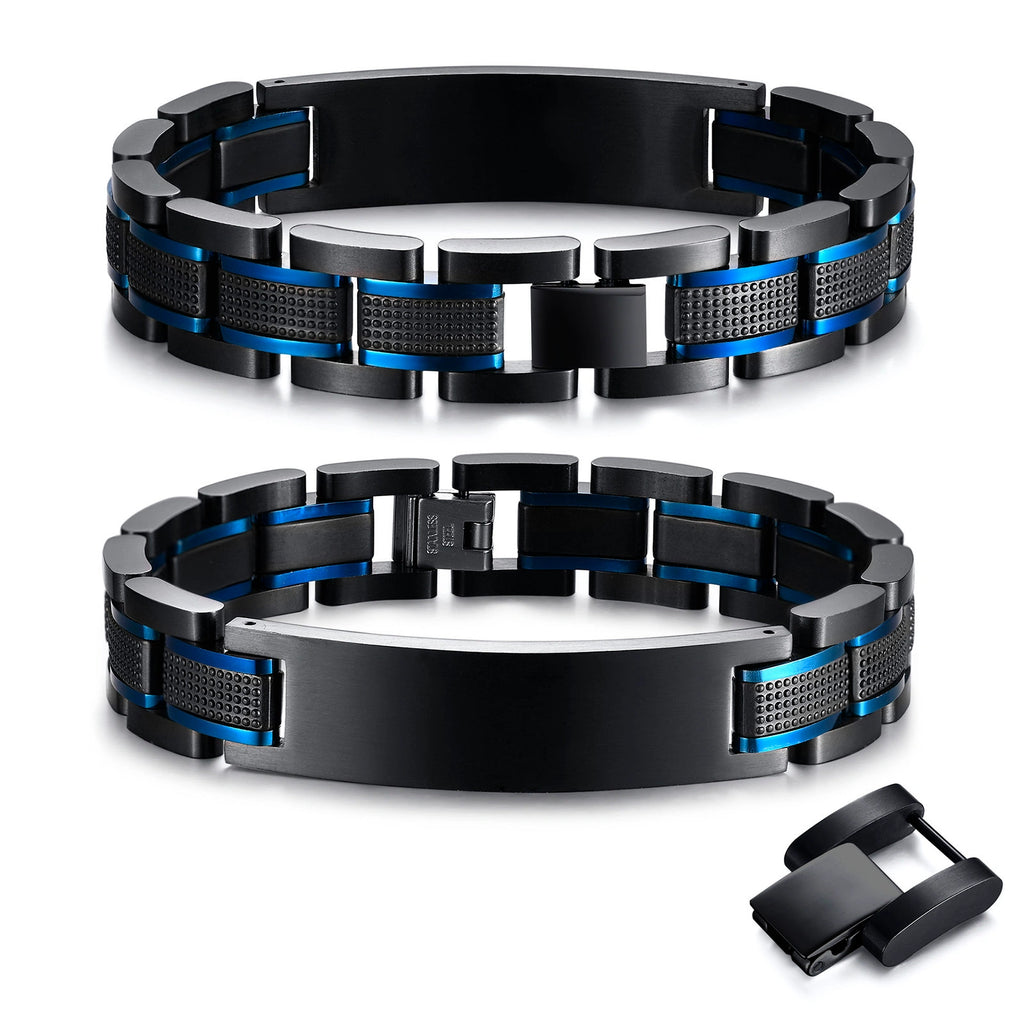 Black and blue stainless steel medical ID bracelet shown from front and back with engraving areas.