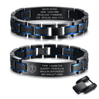 Black and blue stainless steel medical ID link bracelet showing personalized front and back engraving.