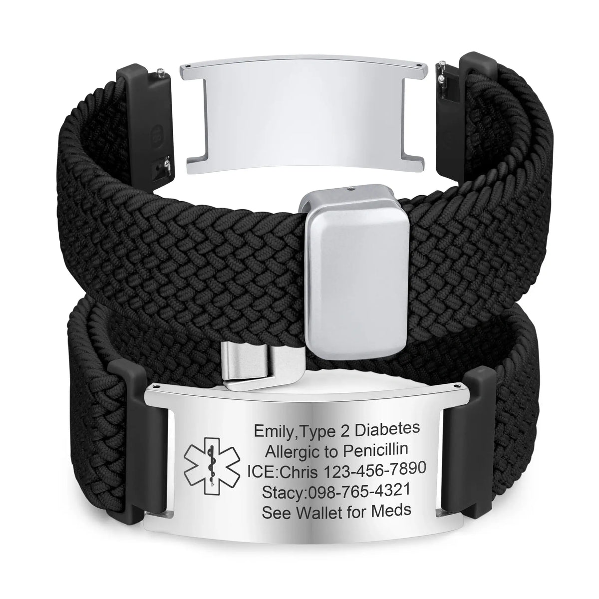 Black personalized medical ID bracelet with braided nylon band and stainless steel plate, showing front and back engraving.