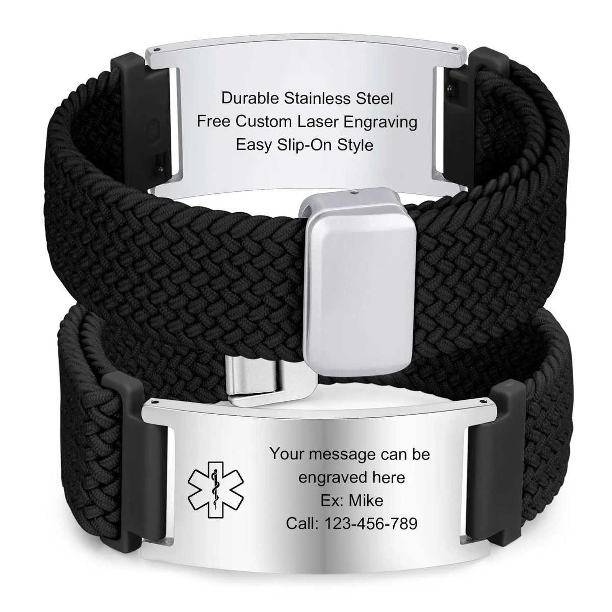 Personalized black braided band ID bracelet showing a polished stainless steel plate, front emblem, and custom engraving on the back