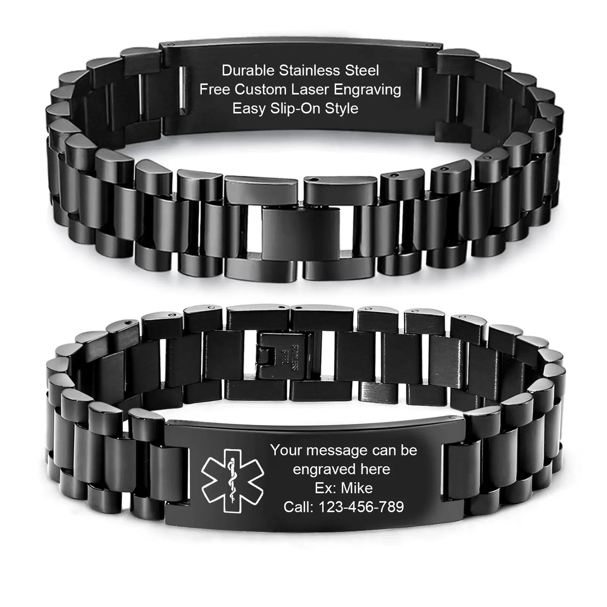 Personalized black stainless steel medical ID link bracelet showing a polished curved plate, front emblem, and custom engraving on the reverse
