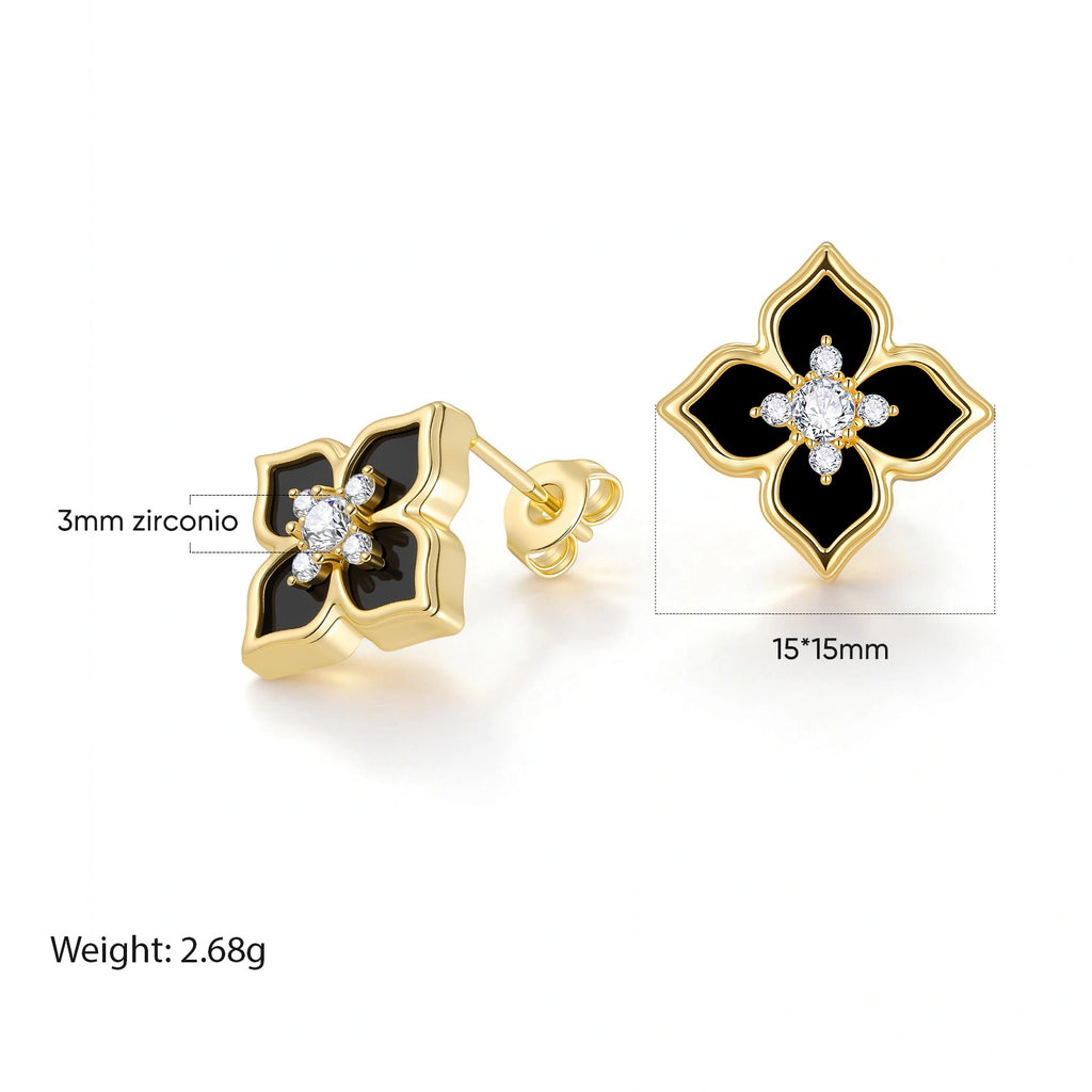 Product detail image of black four leaf clover stud earrings showing glossy acrylic petals, gold-tone settings, and size information.
