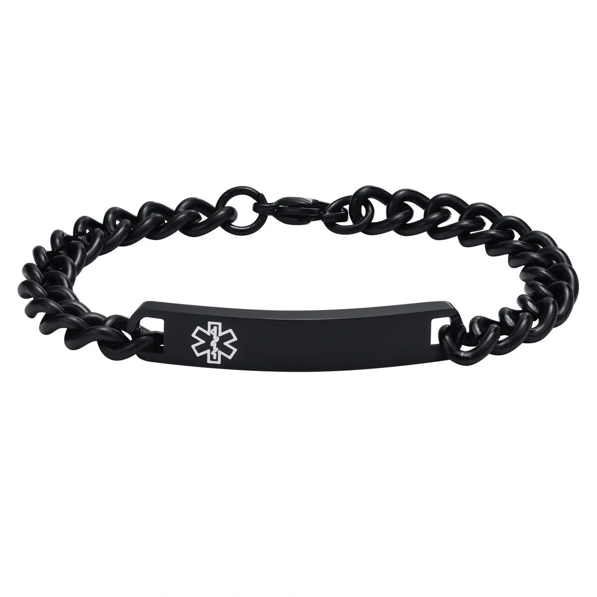 Black stainless steel medical ID curb chain bracelet with a rectangular ID plate and silver medical symbol