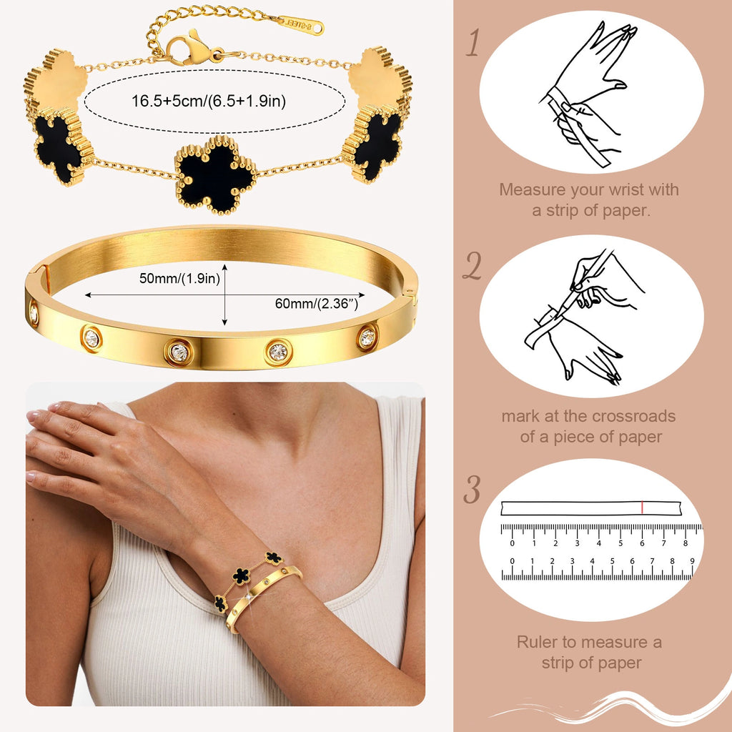 Product detail guide showing the black acrylic five-flower bracelet, gold tone crystal bangle, size information, and wrist styling.