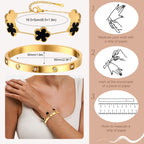 Product detail guide showing the black acrylic five-flower bracelet, gold tone crystal bangle, size information, and wrist styling.