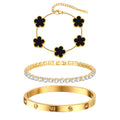 Three-piece gold tone bracelet set featuring black acrylic flower charms, a sparkling CZ tennis bracelet, and a stainless steel crystal bangle.