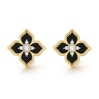 Front view of a pair of black four leaf clover stud earrings featuring glossy acrylic petals, polished gold edges, and CZ stone accents.