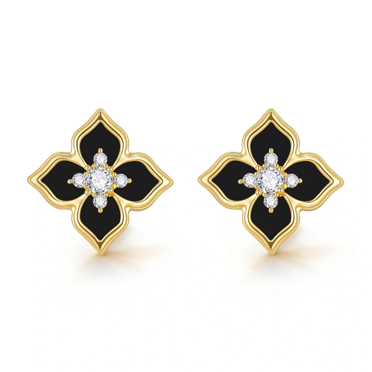 Front view of a pair of black four leaf clover stud earrings featuring glossy acrylic petals, polished gold edges, and CZ stone accents.