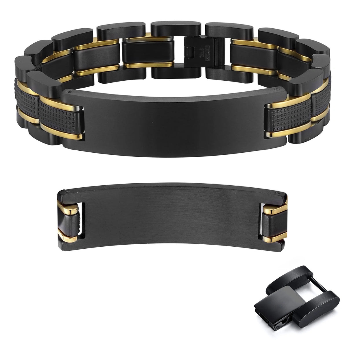 Black and gold stainless steel medical ID link bracelet showing the ID plate and personalized engraving area.