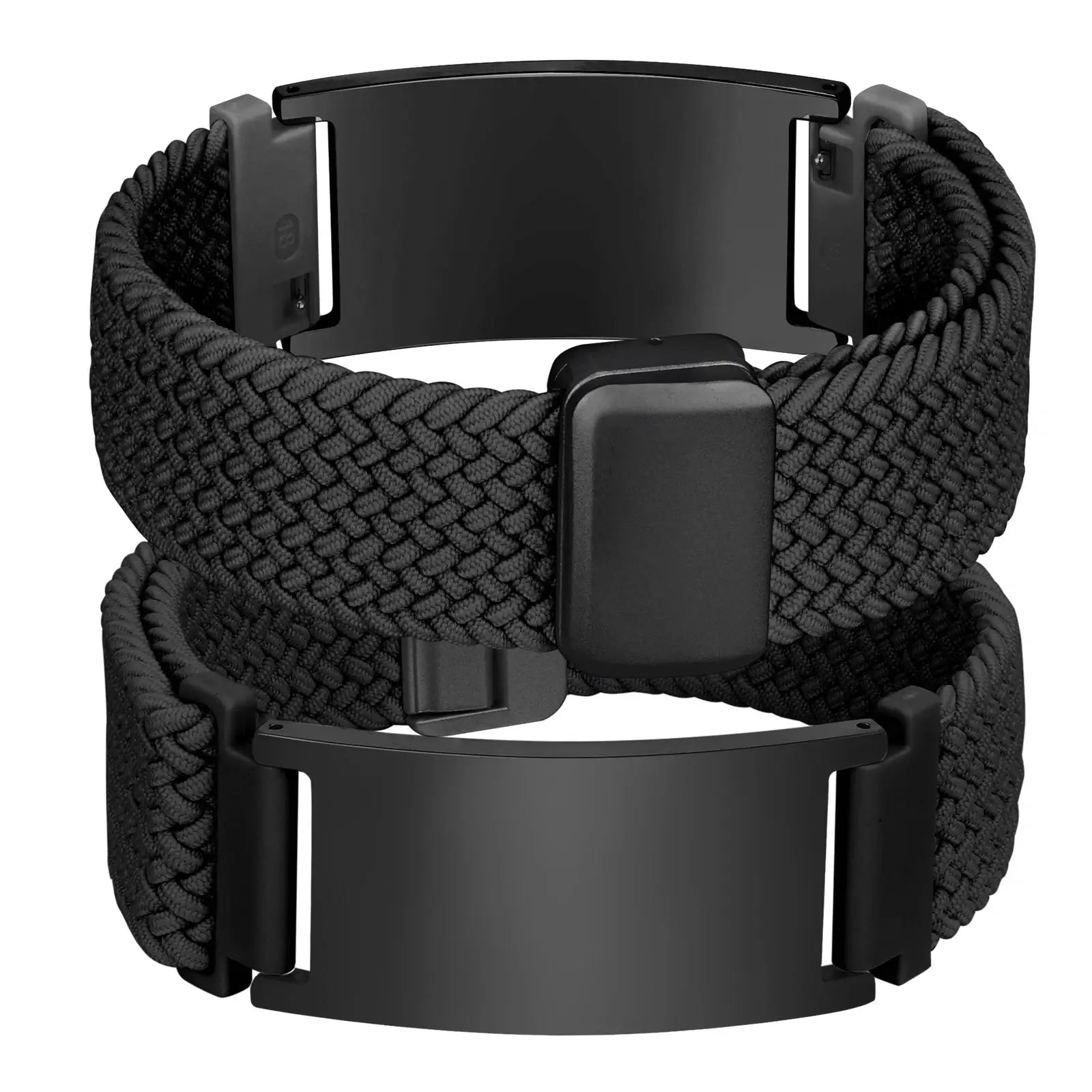 Black medical alert bracelet with braided nylon band, black stainless steel ID plate, and adjustable fit.