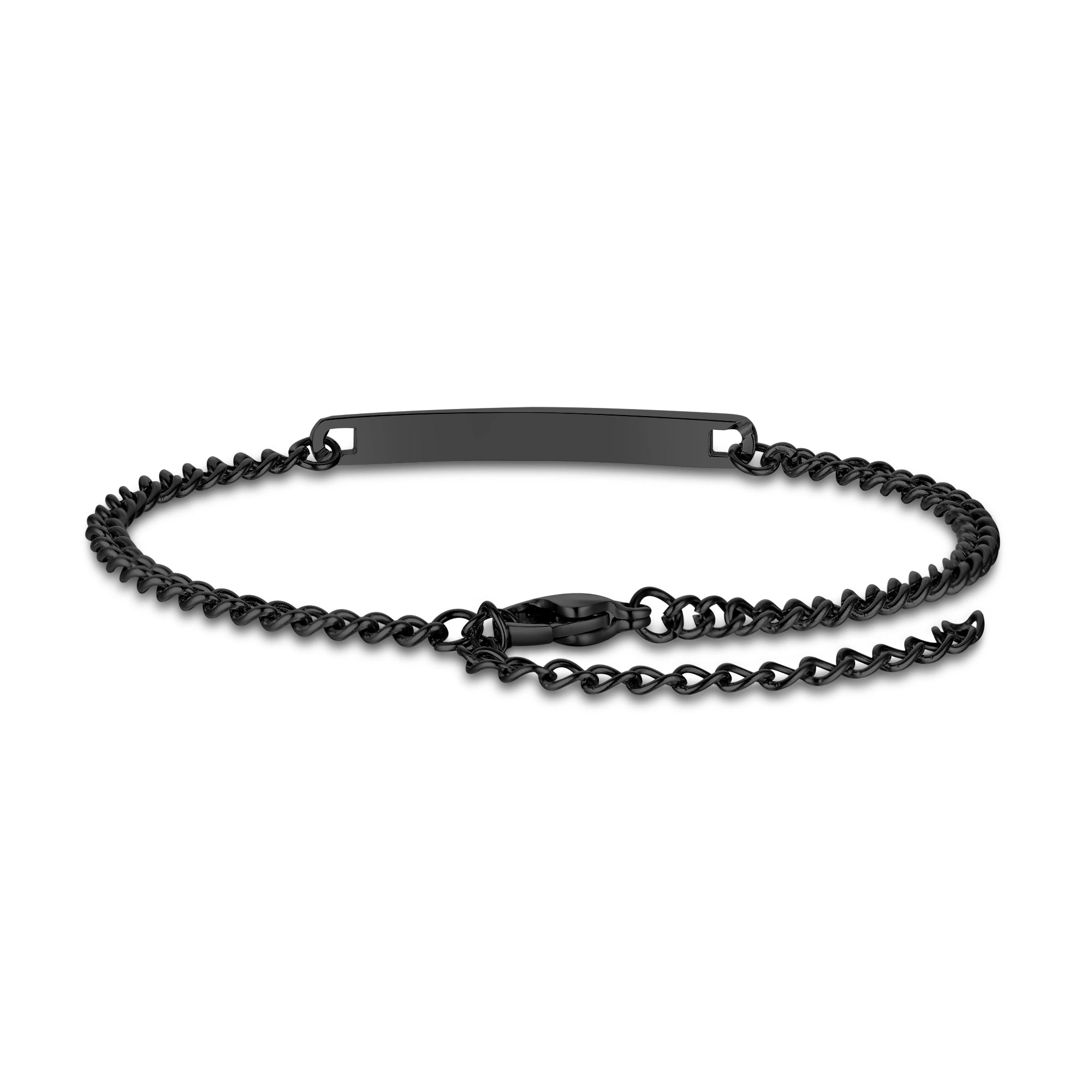 Close-up of a black stainless steel medical ID chain bracelet with polished personalized ID plate.