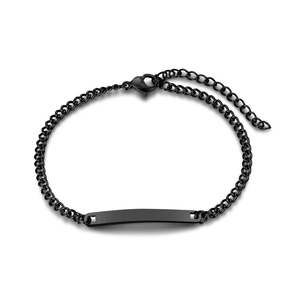 Side view of a black medical ID chain bracelet showing the stainless steel chain and adjustable extension.