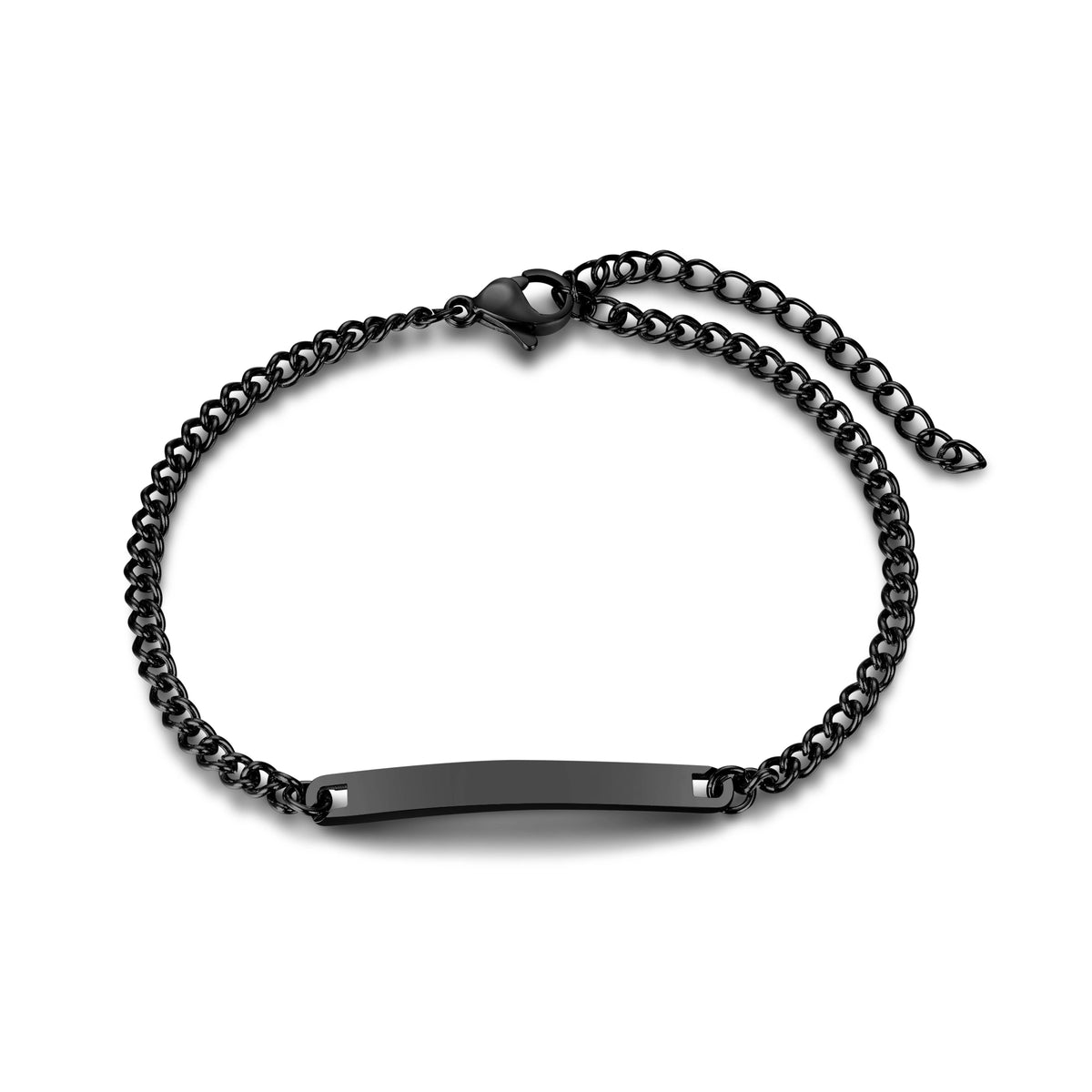 Side view of a black medical ID chain bracelet showing the stainless steel chain and adjustable extension.