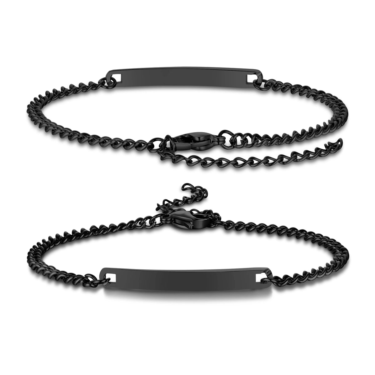 Black stainless steel medical ID chain bracelet shown from front and back with personalized engraving plate.