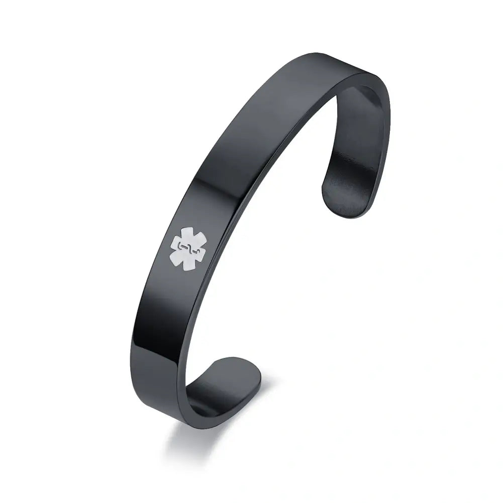 Side view of a black stainless steel medical ID cuff bangle showing its smooth curved shape.