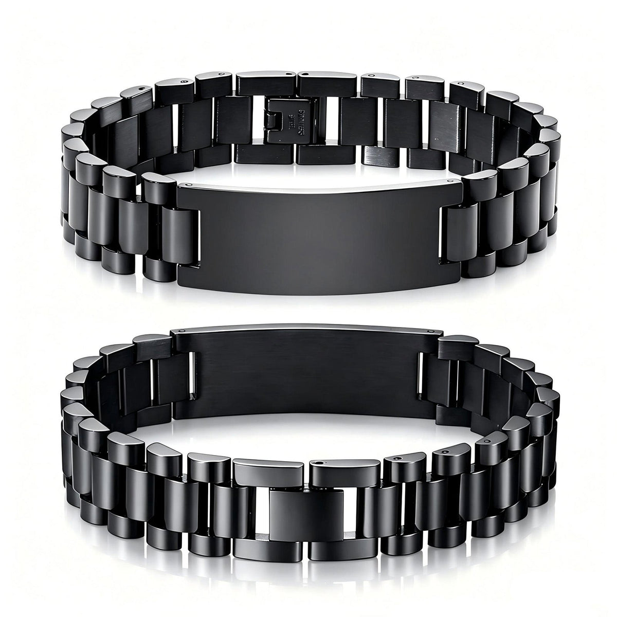 Black medical ID link bracelet showing the front ID plate and back area for personalized engraving.