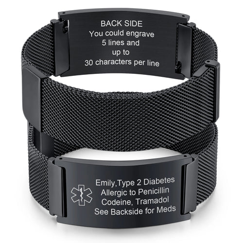 Black personalized stainless steel mesh medical ID bracelet showing front ID plate and back emergency engraving