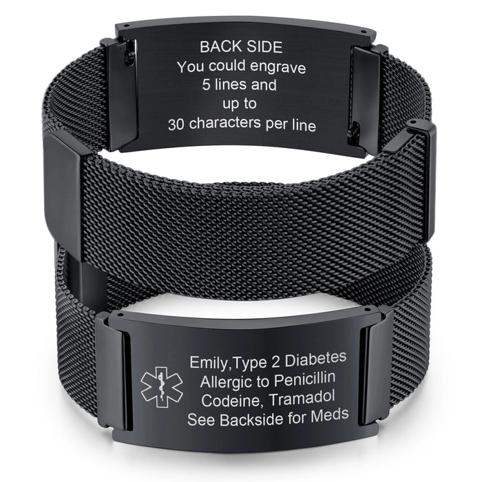 Black personalized stainless steel mesh medical ID bracelet showing front ID plate and back emergency engraving
