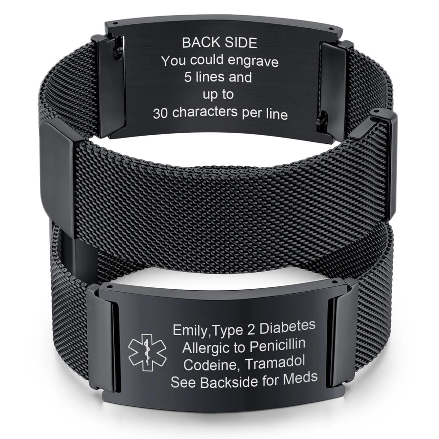 Black personalized stainless steel mesh medical ID bracelet showing front ID plate and back emergency engraving
