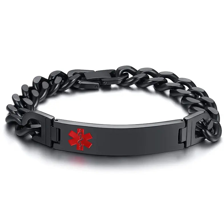 Black stainless steel medical ID curb chain bracelet with engraving plate and red medical alert symbol