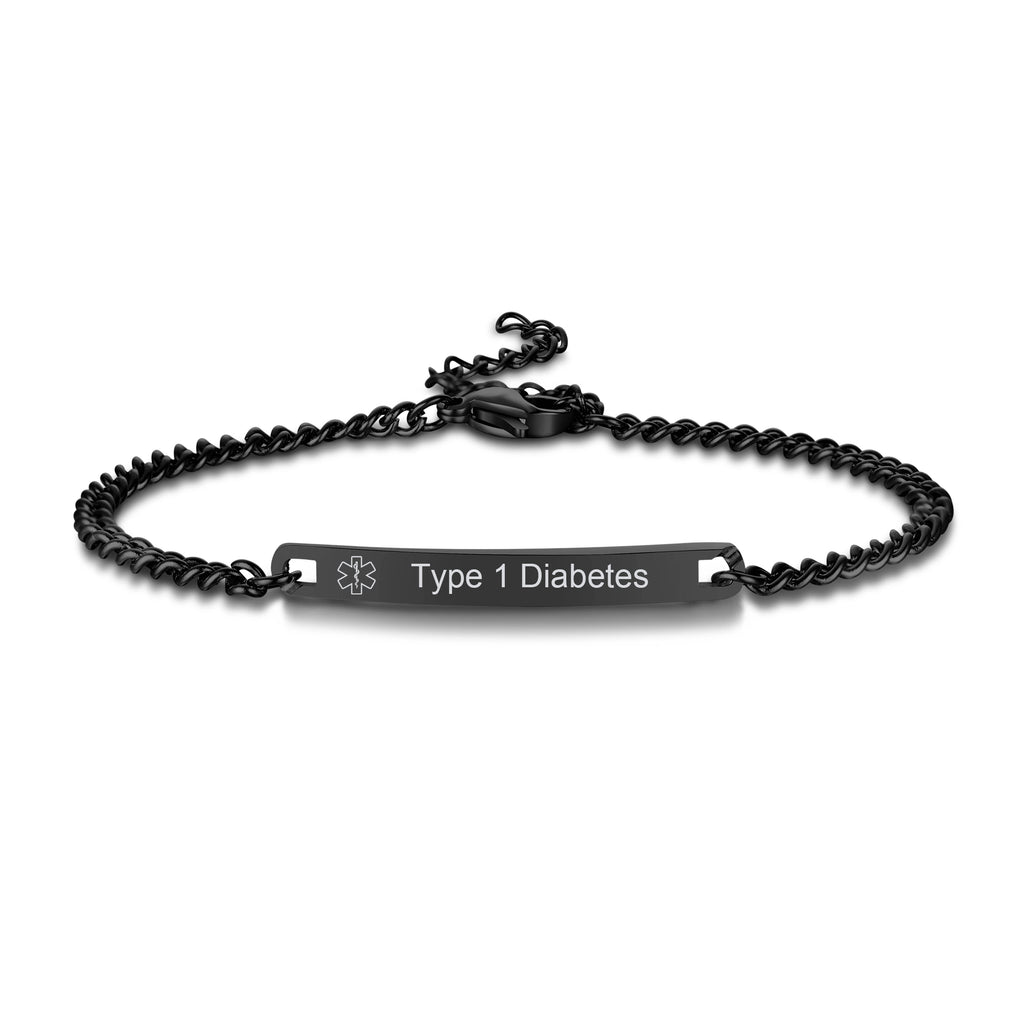 Black personalized medical ID bracelet with engraved Type 1 Diabetes plate and medical alert symbols.