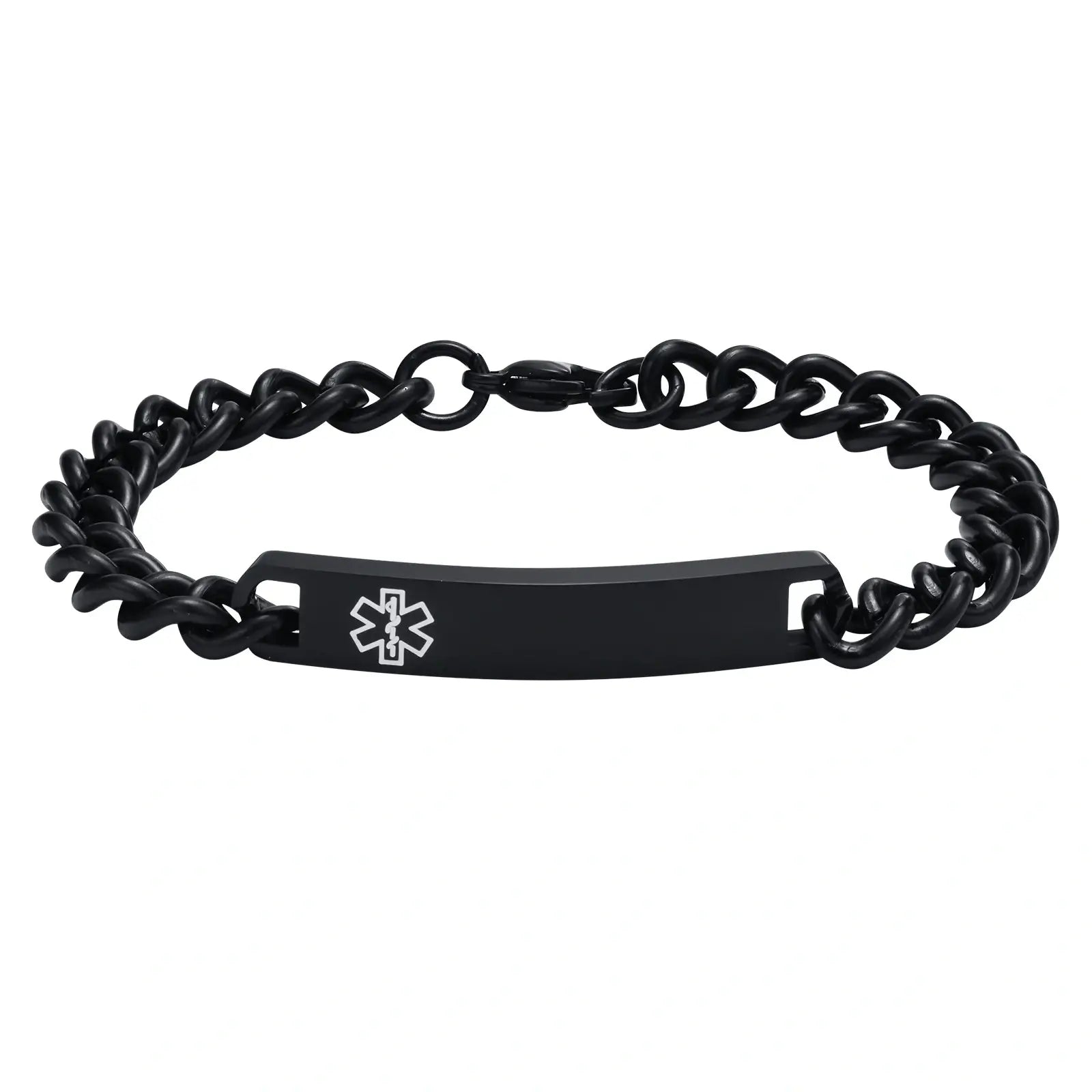 Black stainless steel medical ID chain bracelet with polished engraving plate and medical alert symbol.