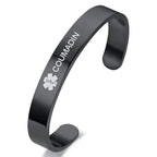 Black personalized stainless steel medical ID cuff bangle with custom engraving on the front.