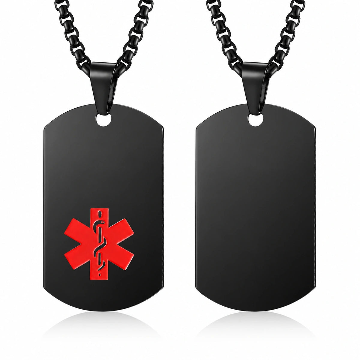 Black stainless steel medical ID dog tag necklace shown from front and back with red medical alert symbol.