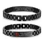 Black personalized stainless steel medical ID link bracelet showing custom engraving and a red medical alert symbol.