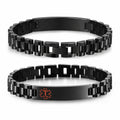 Black stainless steel medical ID link bracelet shown from front and back with custom engraving and red medical symbol.