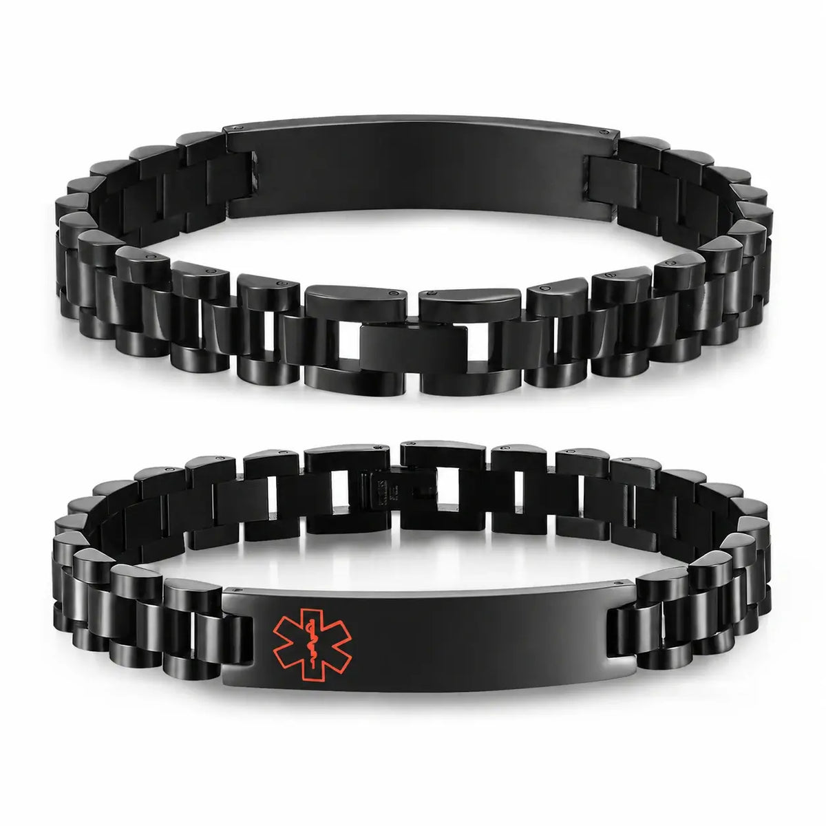 Black stainless steel medical ID link bracelet shown from front and back with custom engraving and red medical symbol.
