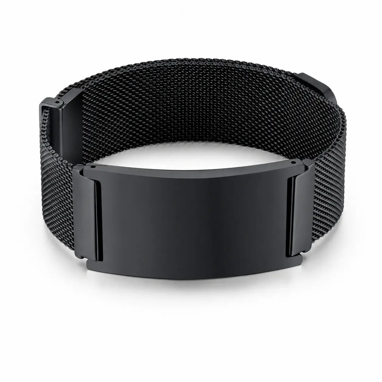 Black stainless steel mesh medical ID bracelet with a blank engraving plate and adjustable magnetic band.