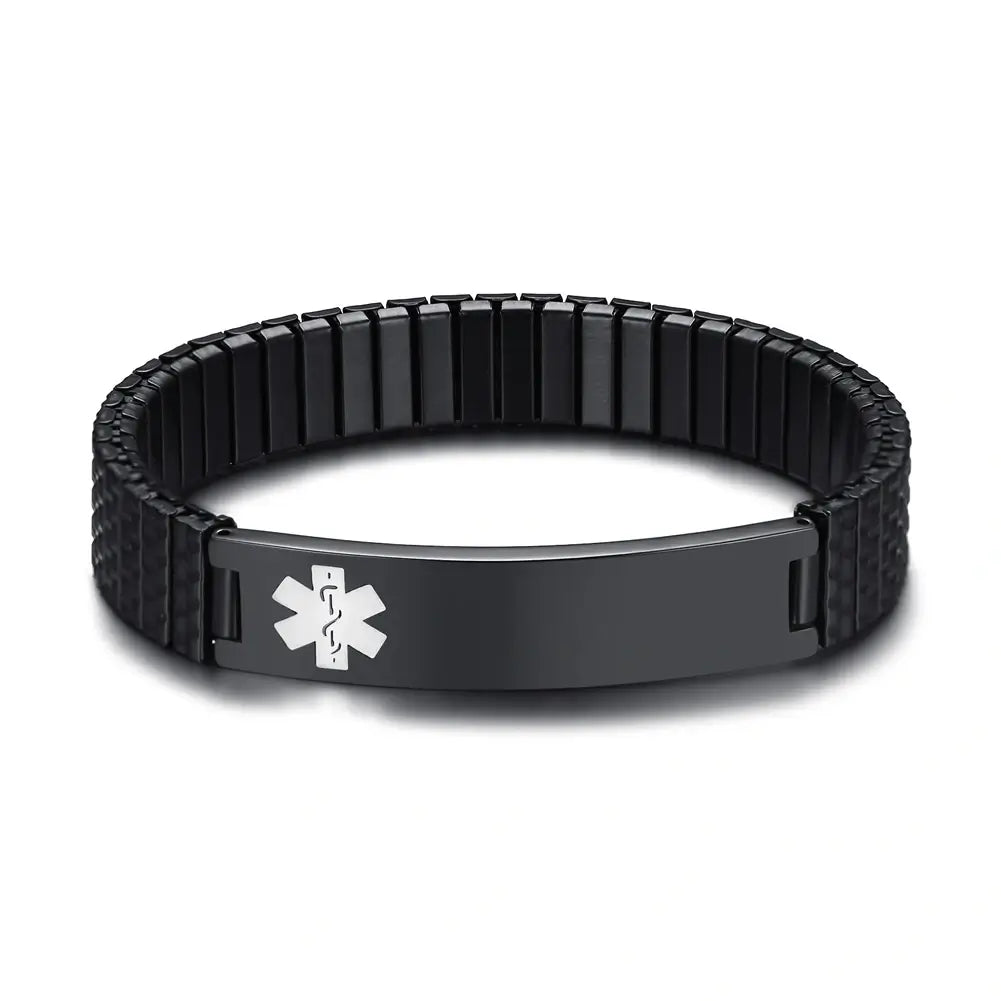 Black stainless steel medical ID stretch bracelet with engraving plate and medical alert symbol.
