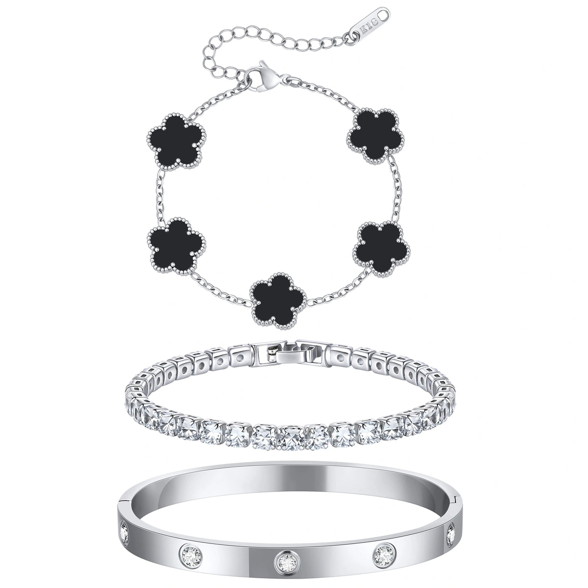 Three-piece silver tone bracelet set featuring five black mother of pearl flower charms, a sparkling CZ tennis bracelet, and a stainless steel crystal bangle.