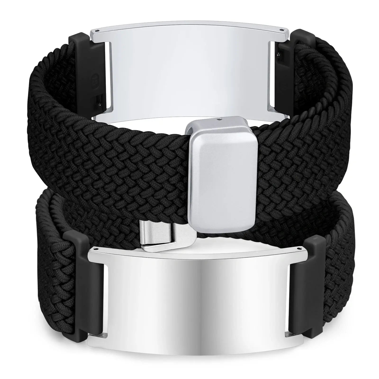 Black braided medical ID bracelet with polished silver stainless steel engraving plate and adjustable band.