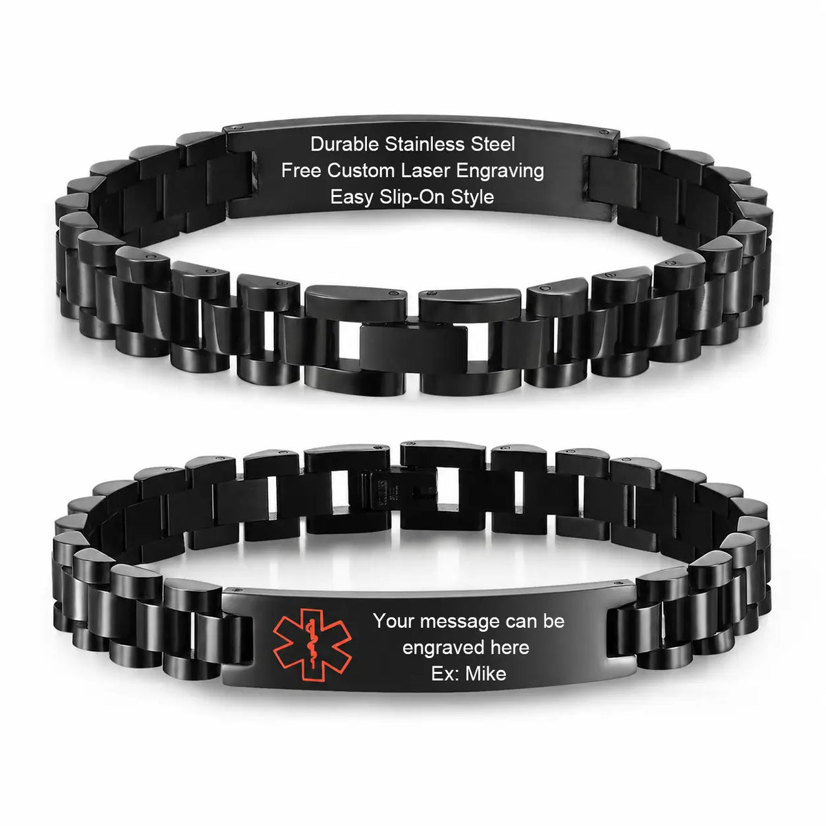 Black stainless steel medical ID link bracelet showing a curved plate with a red front emblem and personalized engraving on the reverse
